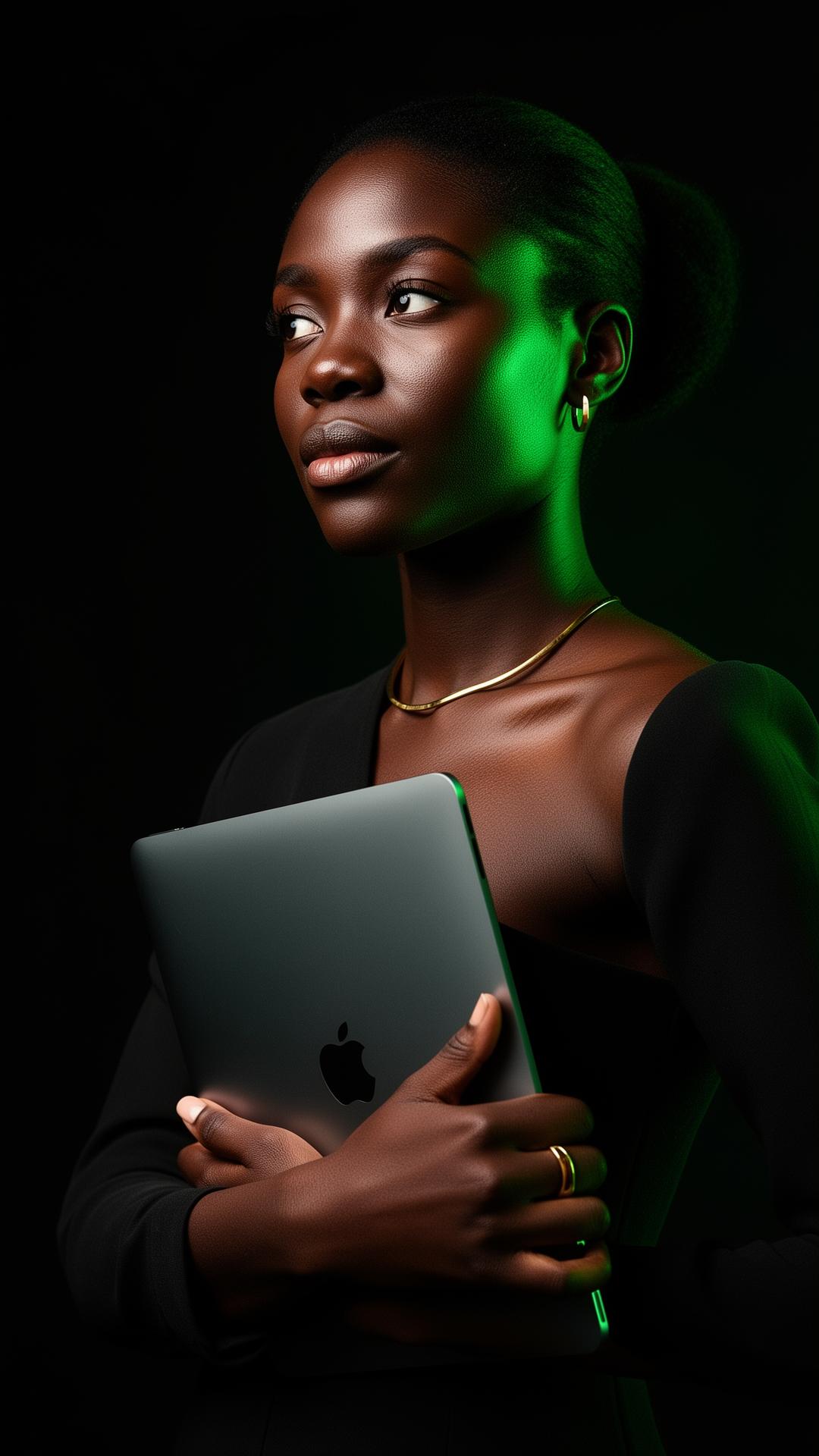Confident Black female founder holding a MacBook in luxury campaign lighting